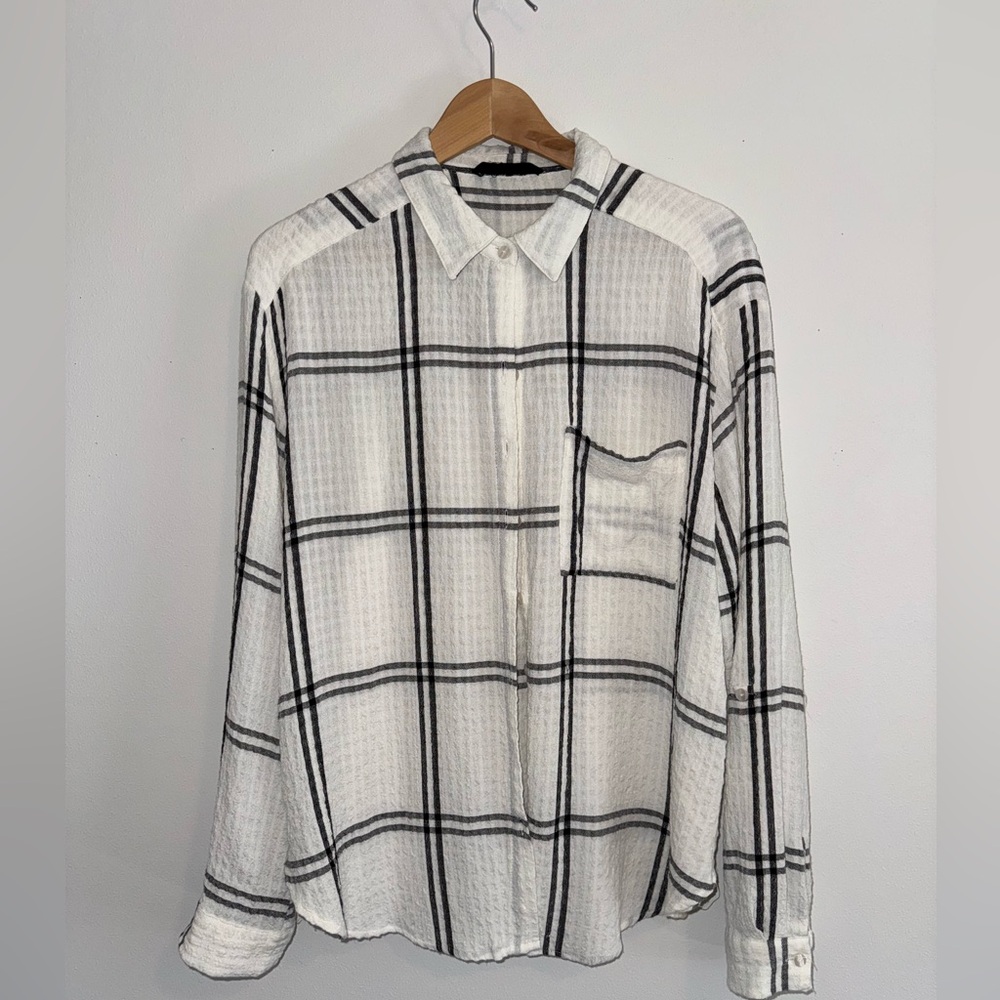 Women's White and Black Plaid Button Down Shirt